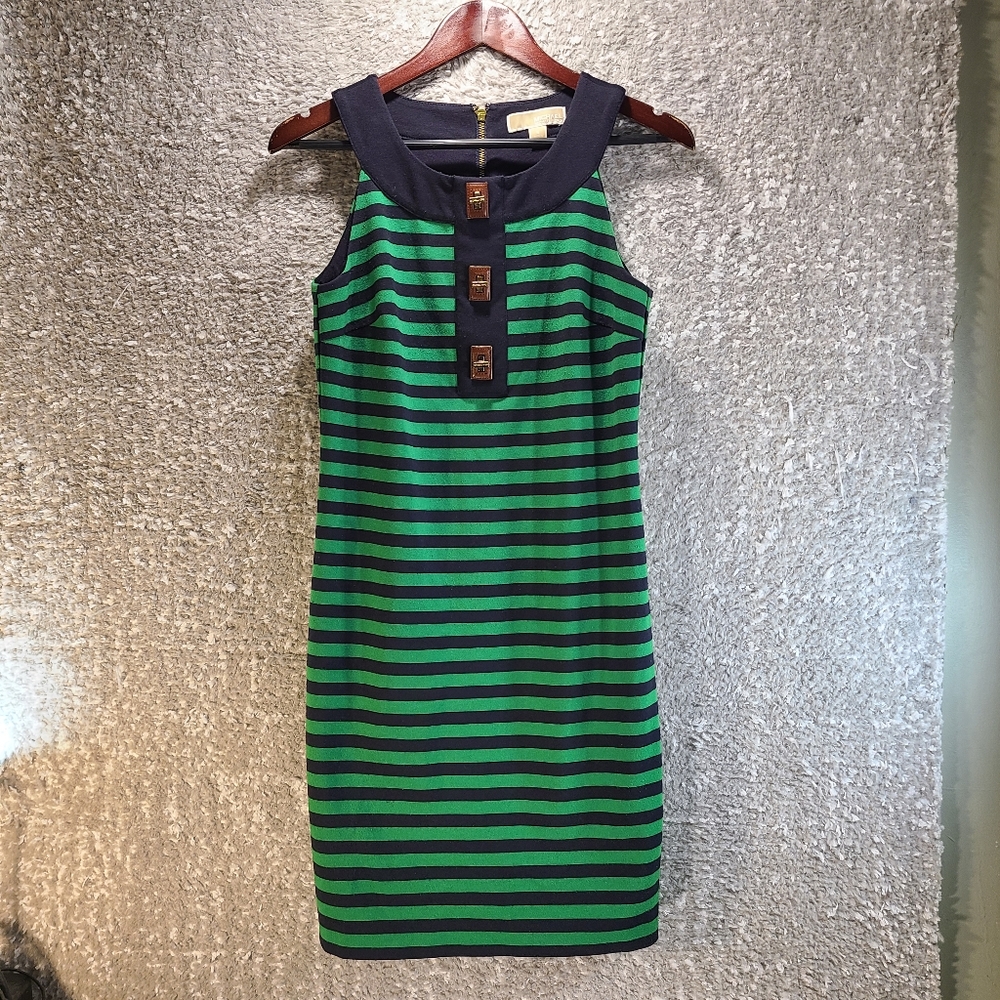 Michael Michael Kors Women Sz‎ S Striped Navy & Green Shift Dress Sleeveless Zip